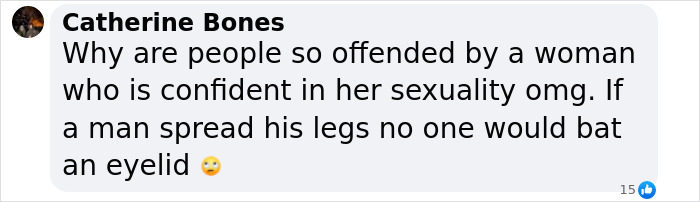 Text reaction to Sabrina Carpenter's Brit Awards performance, discussing double standards and confidence in sexuality.