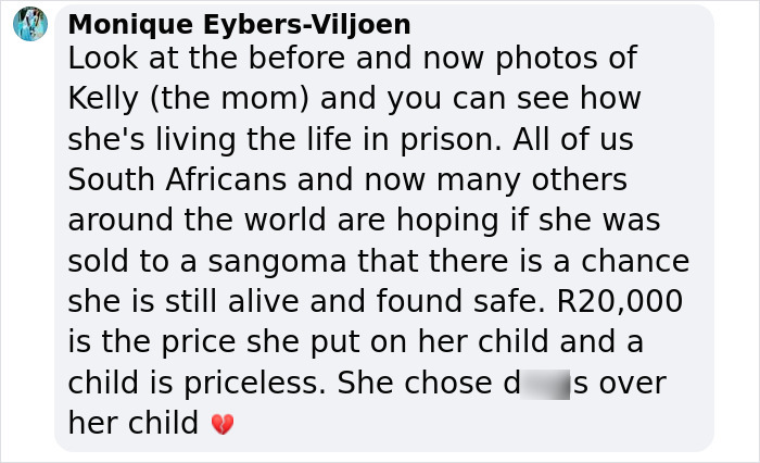 Message about mom accused of selling her daughter for R20,000 due to "light eyes and skin," with concerns for the child&rsquo;s safety.