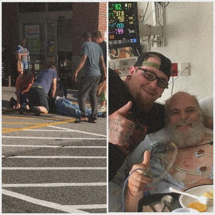 People helping a man in distress outside, and a grateful patient in a hospital bed with a smiling visitor. Positive moments.