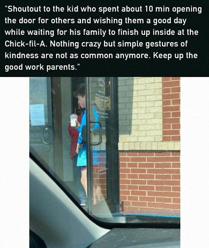 Kid holding door open at Chick-fil-A, spreading positivity with kind gesture, making others' day brighter.