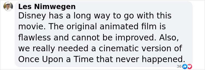 Comment criticizing Disney's "Snow White" adjustments, referencing original film's perfection and wish for "Once Upon a Time" version.