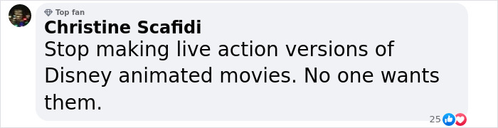 Social media comment criticizing Disney animated live-action adaptations.