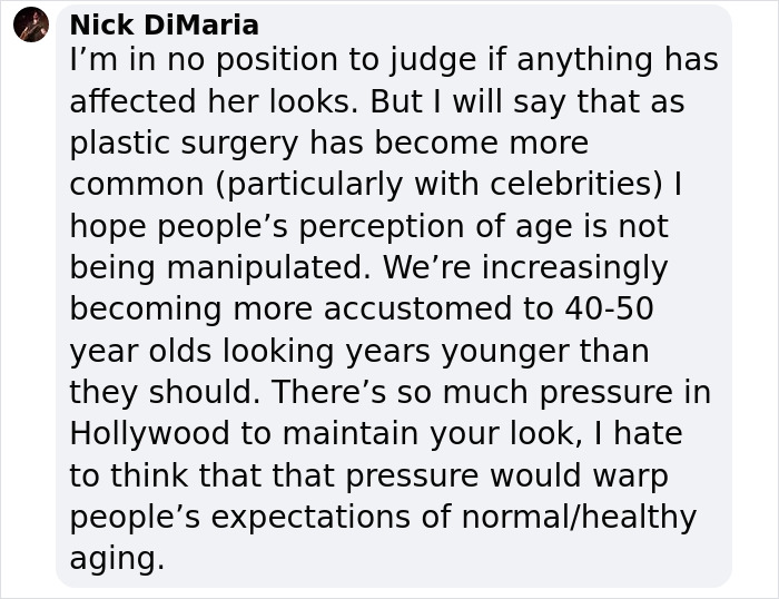 Comment on Hollywood pressures, linking appearance and plastic surgery expectations.