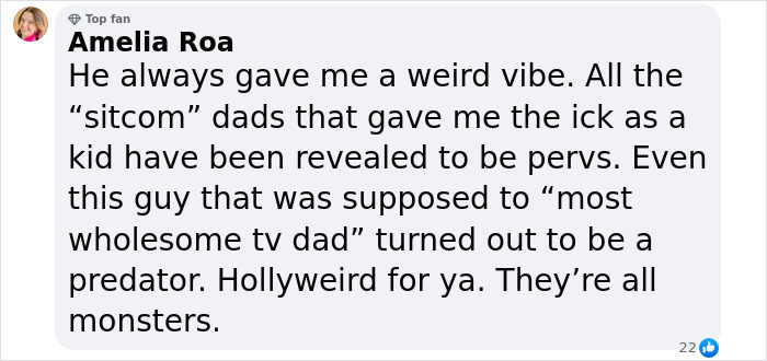 Comment discussing scandal surrounding disgraced actor, with fan expressing disappointment in "sitcom" dads.