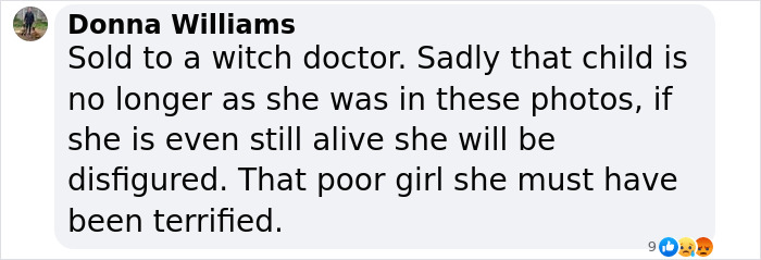 Comment expressing sadness about a child allegedly sold for $1,000 due to her light eyes and skin.