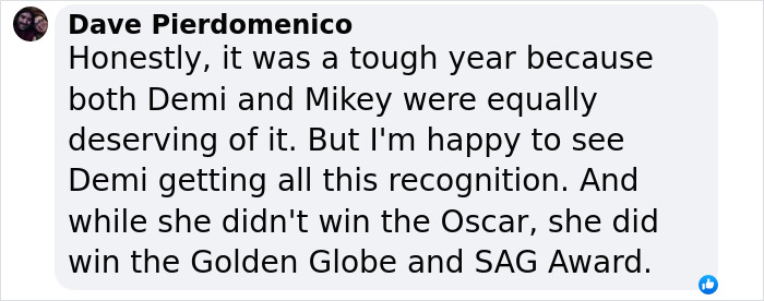 Screenshot of a comment discussing Demi Moore's recognition despite Oscars loss, mentioning Golden Globe and SAG Award wins.