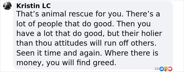 Social media comment discussing attitudes in dog rescue organizations. Social media comment discussing attitudes in dog rescue organizations.