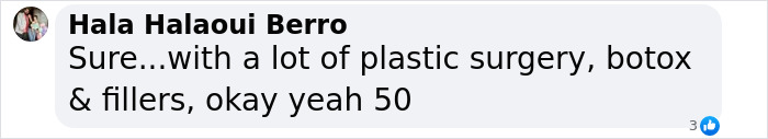 Screenshot of a comment discussing plastic surgery in relation to Eva Longoria's 50th birthday.