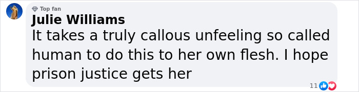 Comment expressing outrage at a mom accused of selling her daughter for $1,000, mentioning desire for justice.