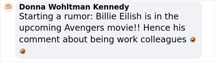 Rumor about Billie Eilish joining Avengers, inspired by Chris Hemsworth selfie comment, in humorous text exchange.