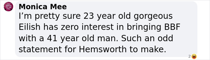 Comment on Billie Eilish and Chris Hemsworth's age difference, questioning friendship potential after Oscars selfie.