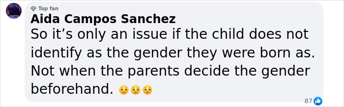 A Facebook comment discussing issues about parental decisions on a child's gender.