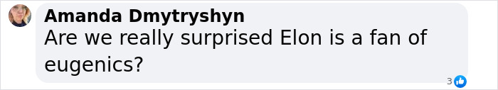 Comment screenshot questioning Elon Musk's views on eugenics.