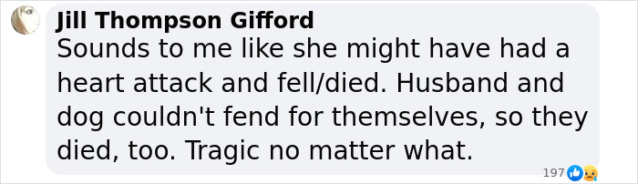 Comment from Jill Thompson Gifford discussing a tragic incident involving a couple and their dog. Comment from Jill Thompson Gifford discussing a tragic incident involving a couple and their dog.