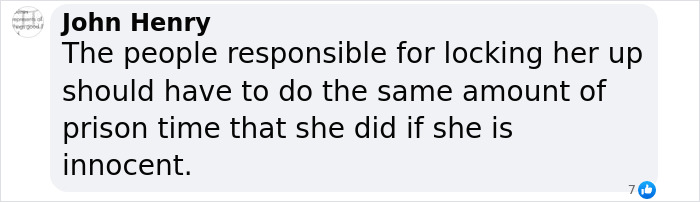 Comment discussing overturned conviction after 27 years, suggesting equal prison time for those responsible.