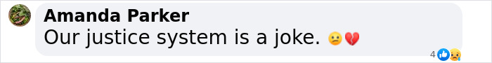 Text reaction from Amanda Parker about justice system with sad and broken heart emojis.