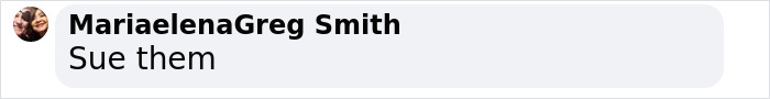 Text comment by MariaelenaGreg Smith saying "Sue them," related to overturned conviction.