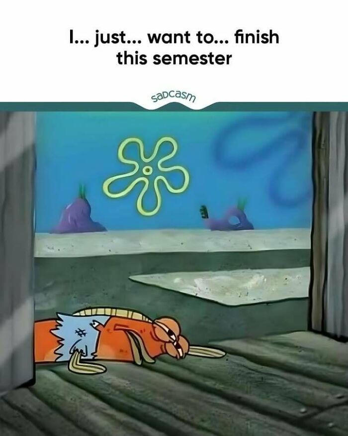 Cartoon character lying tired with text "I just want to finish this semester," showcasing sadcastic memes.