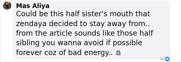 Social media comment on Zendaya's family rift with half-sister ahead of Tom Holland wedding.