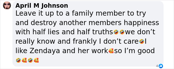 Text showing support for Zendaya amid family rift before wedding, with emojis emphasizing humor and admiration.