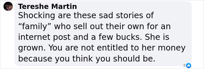 Comment on family rift involving Zendaya, addressing entitlement and money issues.