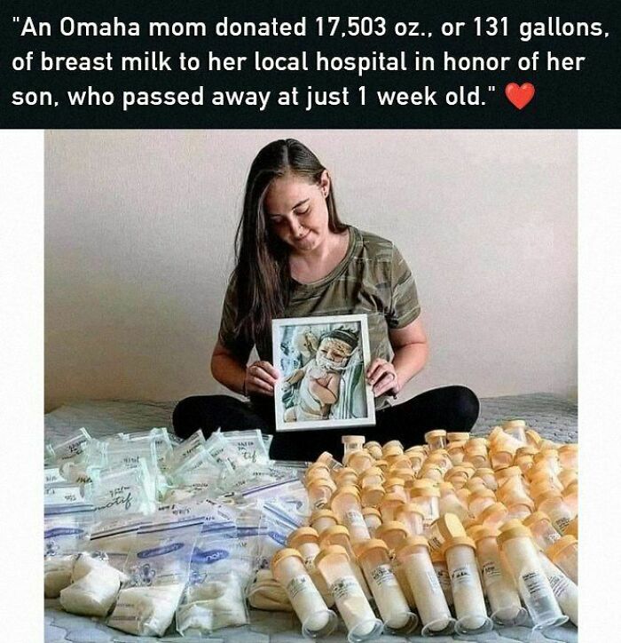 A woman holding a framed baby photo sits behind donated breast milk to a hospital, symbolizing positive and uplifting generosity.
