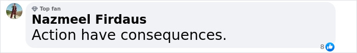 Comment by Nazmeel Firdaus saying, "Action have consequences," related to model's assault case.