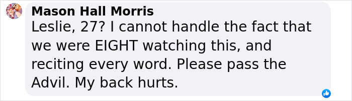 Text comment reacting to 'Clueless' cast's changed looks and nostalgia, mentioning age and back pain.