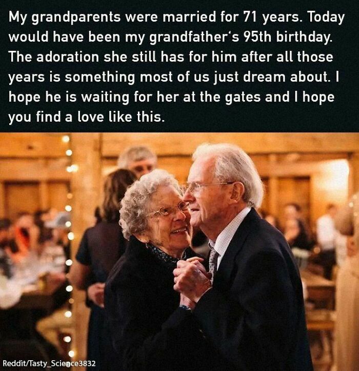 Elderly couple dancing joyfully, celebrating their love's longevity. Text reflects a heartfelt, uplifting message.