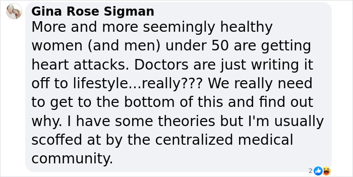 Text from Gina Rose Sigman about heart attack risks in people under 50, questioning lifestyle causes.