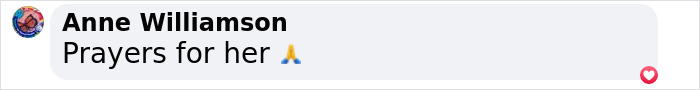 Comment by Anne Williamson, saying 'Prayers for her' with a prayer emoji, relating to heart attack awareness.