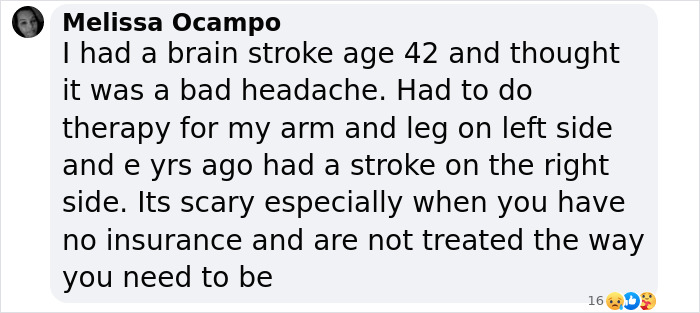 Message detailing woman's scary stroke experience, misinterpreted symptoms, and challenges without insurance.
