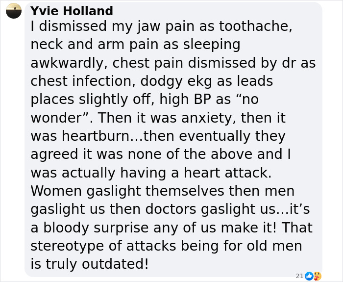 Text from a woman sharing ignored heart attack signs like jaw, neck, and arm pain, initially misdiagnosed by doctors.