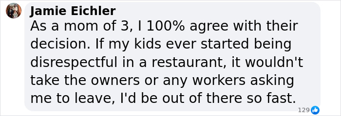 Text from a mom supporting a pizza place asking unruly kids and parents to leave if disrespectful.