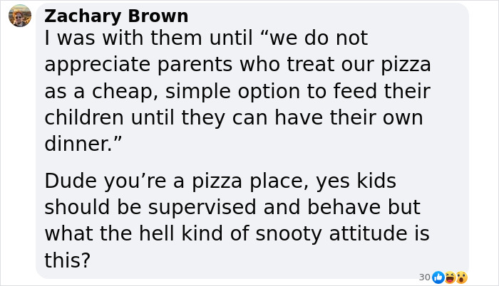 Text message expressing frustration at a pizza place's policy on unruly kids and parents.