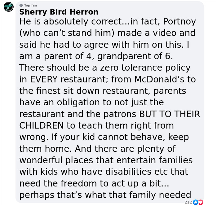 Facebook comment discussing zero tolerance for unruly kids at pizza places.
