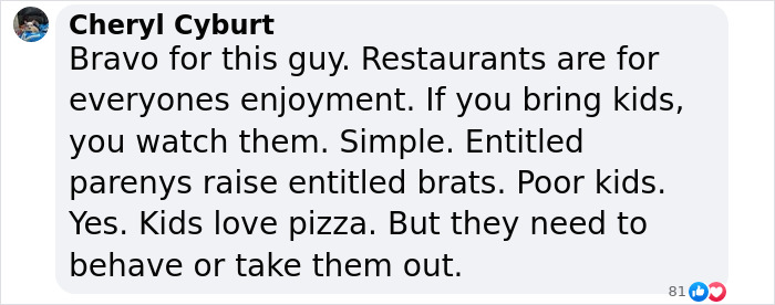 Text exchange discussing unruly kids in pizza places and the need for parental supervision.