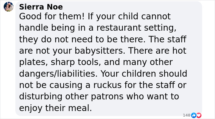 Text message expressing a pizza place's stance on unruly kids in restaurant settings.