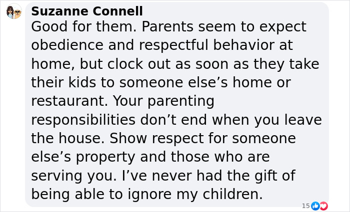 Comment discussing pizza place fed up with unruly kids and parental responsibilities.