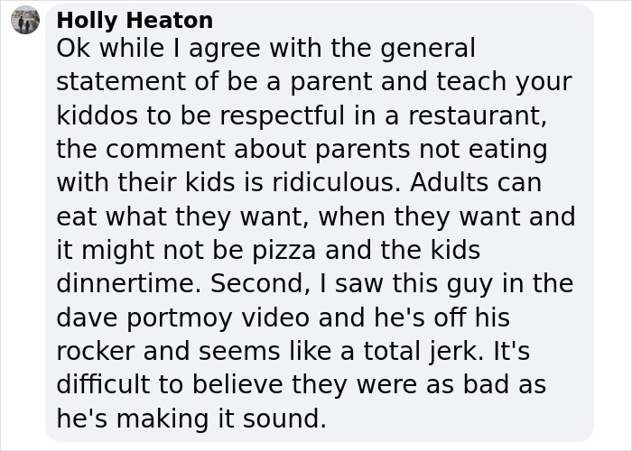Text from Holly Heaton discussing parenting and restaurant behavior.