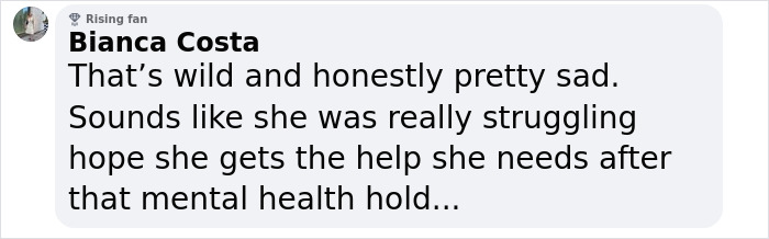Bianca Costa comments on a woman's airport incident, expressing hope for her mental health recovery.