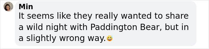 Text comment joking about a wild night with Paddington Bear, featuring a smiling emoji.