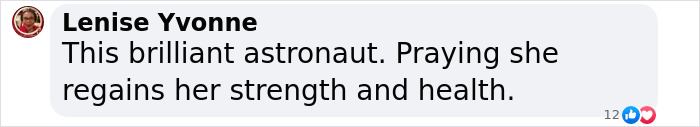 Comment mentioning a frail astronaut, expressing hope for her health recovery.