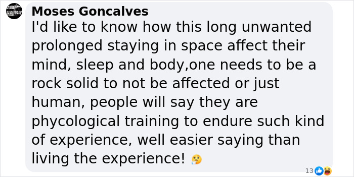 Text comment expressing concerns on astronaut health in space, mentioning psychological training.
