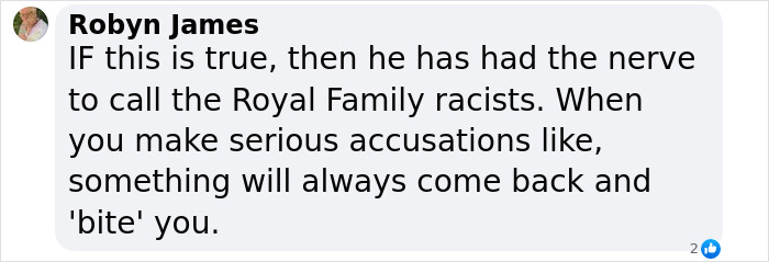 Comment discussing accusations related to Prince Harry and the Royal Family.