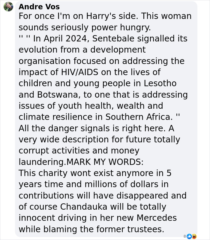 Comment discussing Prince Harry's decision to leave a charity he founded, citing power dynamics and future predictions.