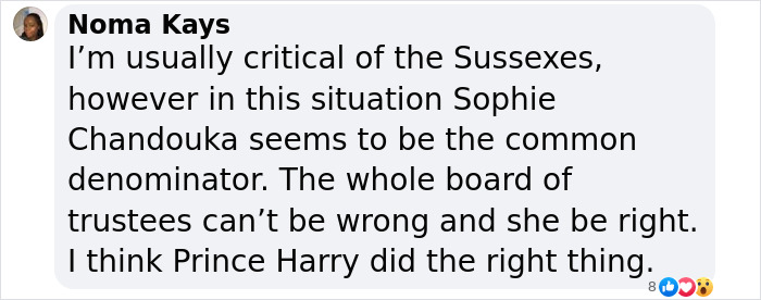 Comment discussing Prince Harry's decision regarding a charity amid controversy.