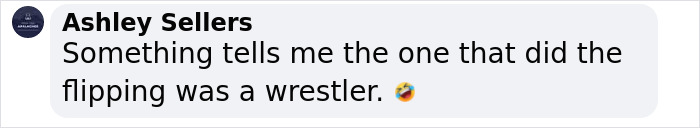 Comment about prom dress heist, suggesting the flipper was a wrestler, with a laughing emoji.