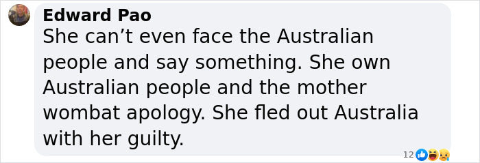 Comment discussing a US woman who took a baby wombat, angering locals, and left Australia. Comment discussing a US woman who took a baby wombat, angering locals, and left Australia.