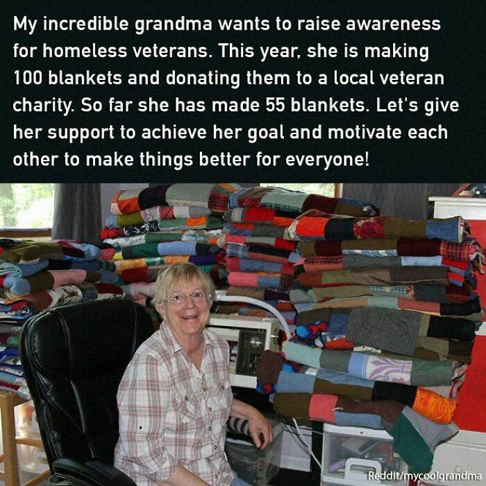 Elderly woman smiling in front of stacked, colorful blankets; spreading positivity through her charitable work.